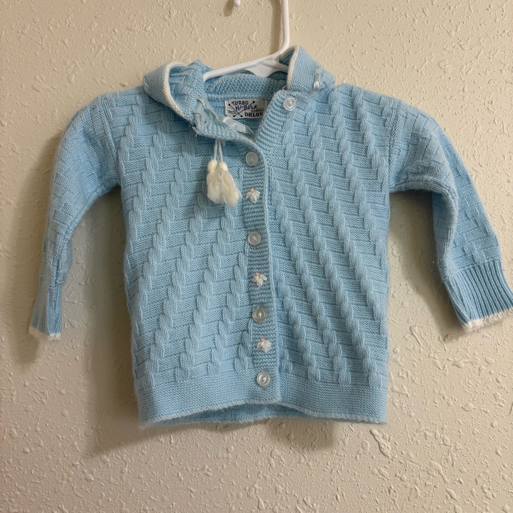 Vintage Baby Blue Orlon Sweater with Hood – 1950s Turbo Hi-Bulk DuPont Acrylic
